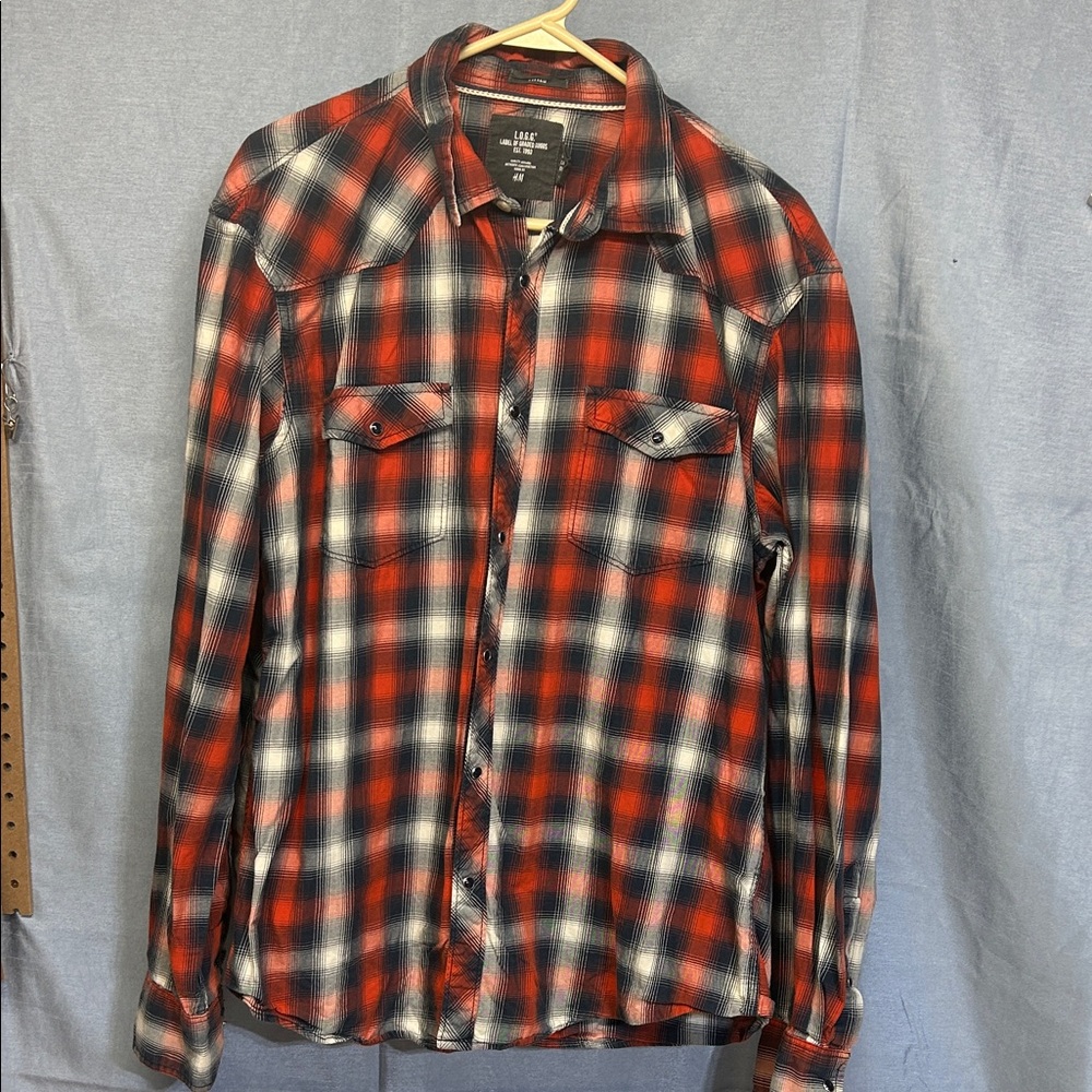 H&M Red Black White Plaid Western Button-Down Blouse